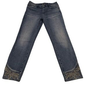 WHBM The Skinny Crop Jeans Floral Embroidered Cuff Mid Rise Blue Denim Sz 6